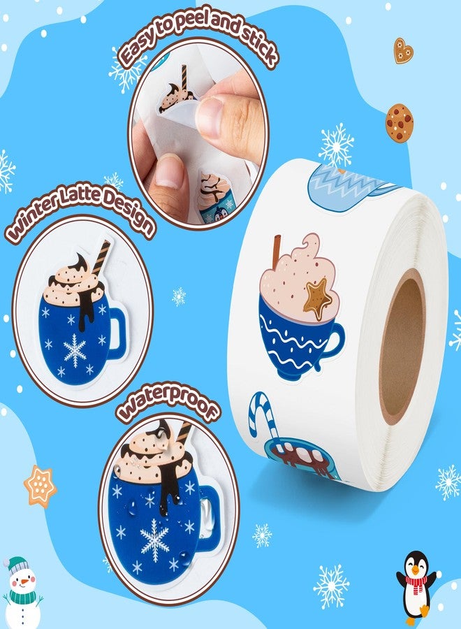 Haooryx Winter Latte Sticker Rolls - 1000Pcs Blue Color Mugs Latte Stickers in 16 Different Patterns, Self-Adhesive Vinyl Label Decals for Teens Adults Winter Holiday Party Supplies Laptop Scrapbook - Image 3